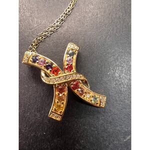 NEW Rainbow sapphire curved cross pendant and chain in gold over sterling silver